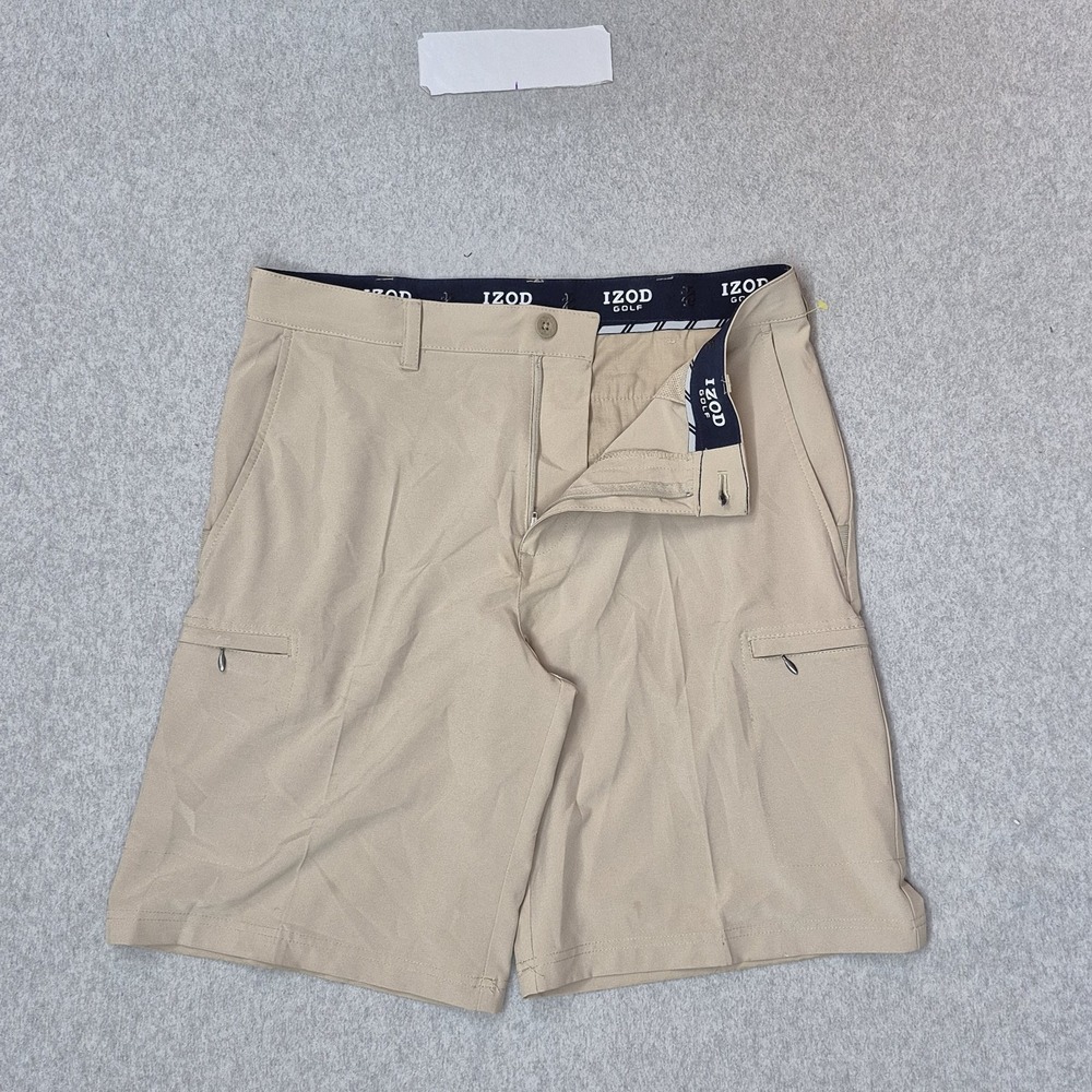 IZOD Men Shorts 32W Khaki Cargo Golf Shorts Zipper Button Logo